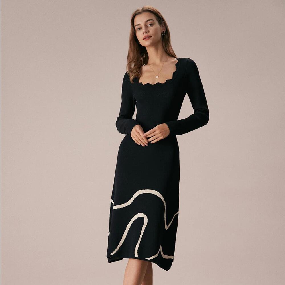 RIHOAS The Black Wave Scalloped Sweater Midi Dress M
